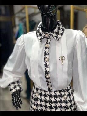 White Blouse with Black Houndstooth Trim Mini Skirt Set
